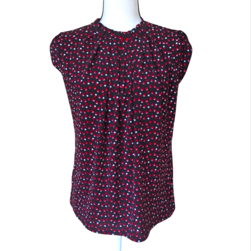 Elle Polka Dot High Pleated Neckline Capped Sleeves Blouse XS Black Red White